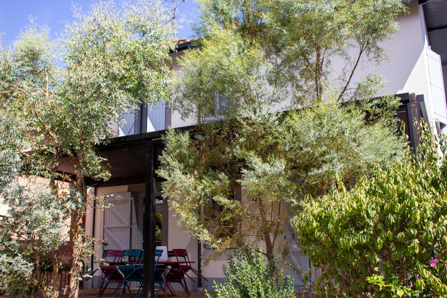 Pergola bois anti-moustiques adossée à la maison, dissimulée par les arbres, salon coloré dessous – projet BETULA